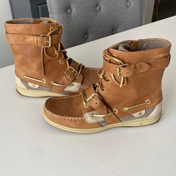 Sperry Top Sider Leather Upper Boots Gold Laces Lace Up Double Buckle Like New - Picture 13 of 17